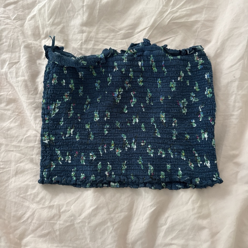 Navy Blue Smocked Tube Skirt with Mint Print